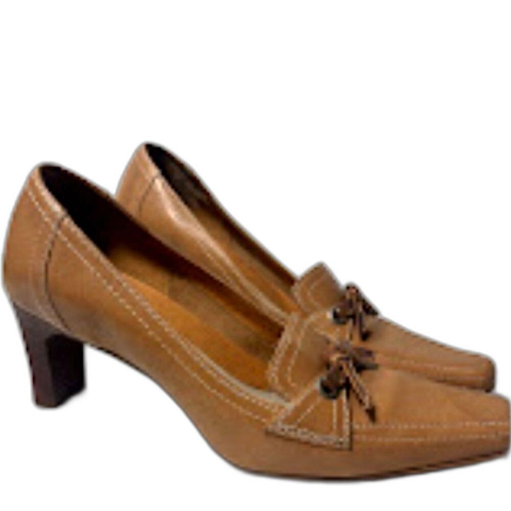 Naturalizer Kitten Heels 7.5 Brown Tan Square Toe Loafer Bow Leather 90s Y2K